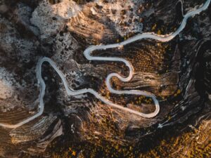 Arial view of curvy mountain road.
