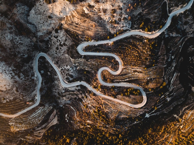 Arial view of curvy mountain road.