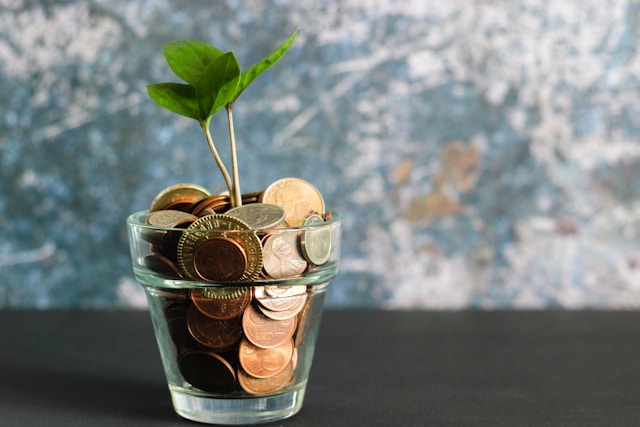 Glass of coins with a small plant inside.